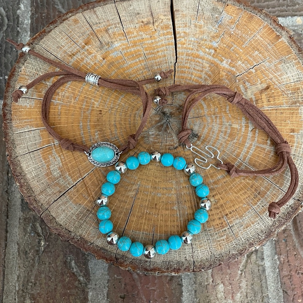 Faux Turquoise and Saguaro Cactus Faux Leather Bracelet Set - Picture 2 of 2